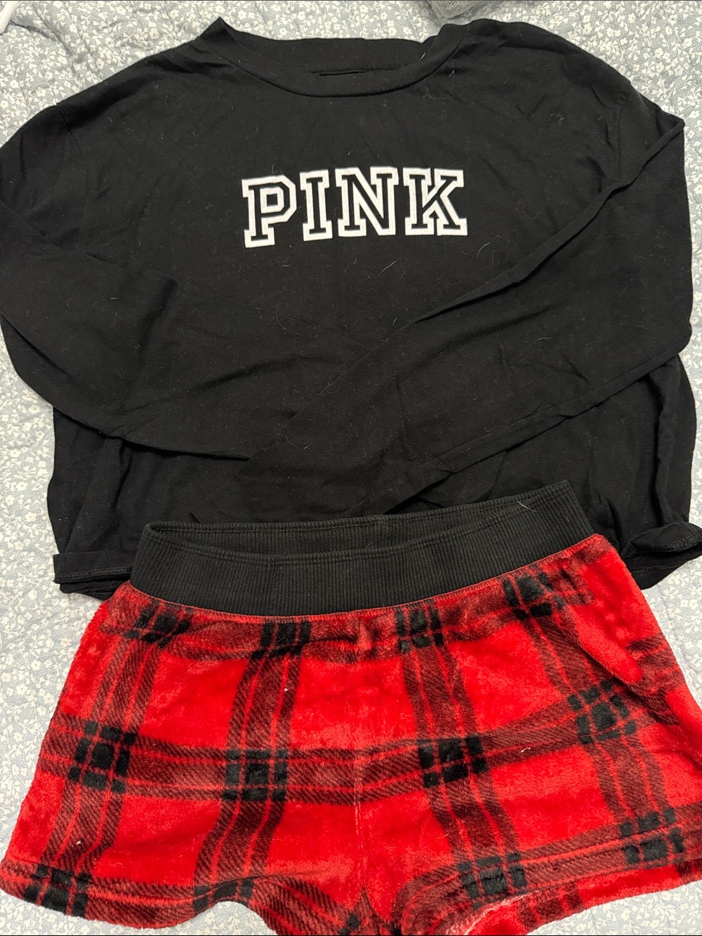 PINK Victoria's Secret Black Top with Red Plaid Mini Shorts